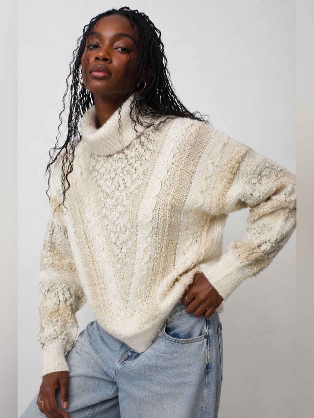 Vintage 90s Jason Maxwell Neutral and White 3D Knit Textured Cowl Neck Sweater